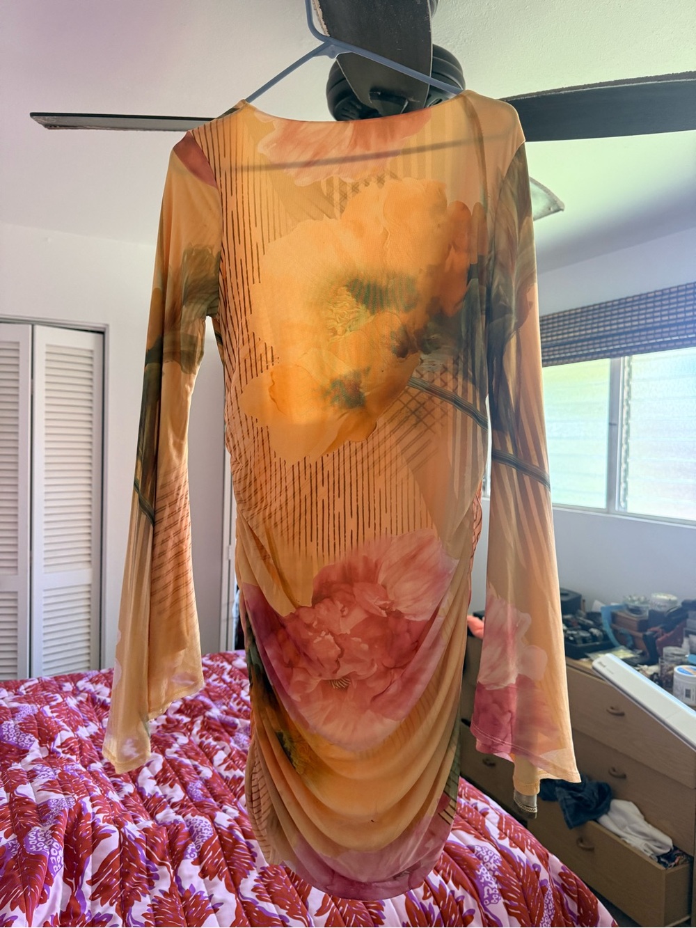 ASOS Peach Floral Mini Dress with Long Sleeves
